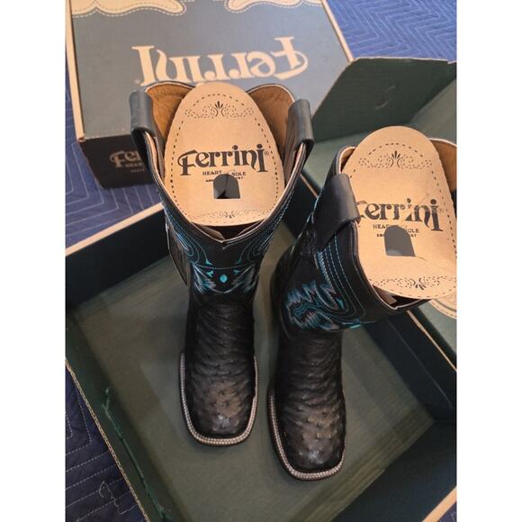 Ferrini mens cowboy Quail Ostrich Exotic Genuine Leather black square toe Boots main image 7